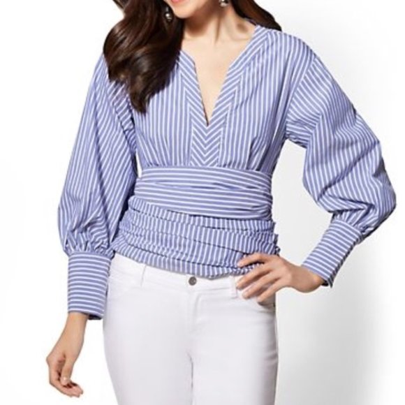 NY&C Striped, V-neck Poplin Wrap blouse Size XXL - Picture 2 of 8
